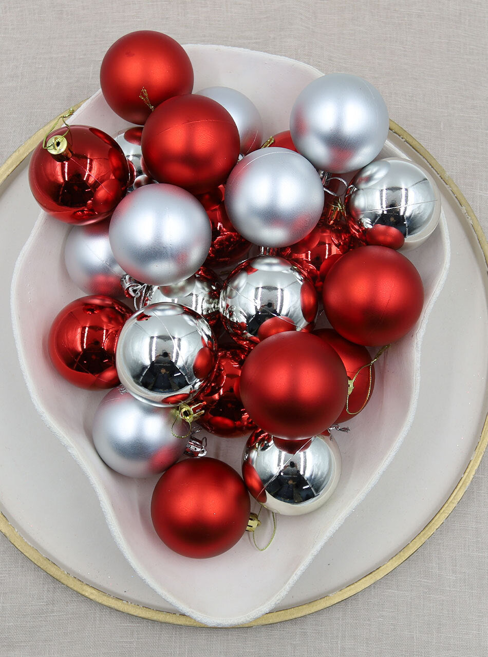 Silver Red Christmas Baubles 60mm Gloss Matt